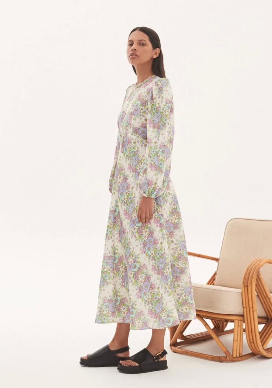 ALEMAIS Agnes 100% Linen Floral Long Sleeve Midi Dress in Petal Size 6